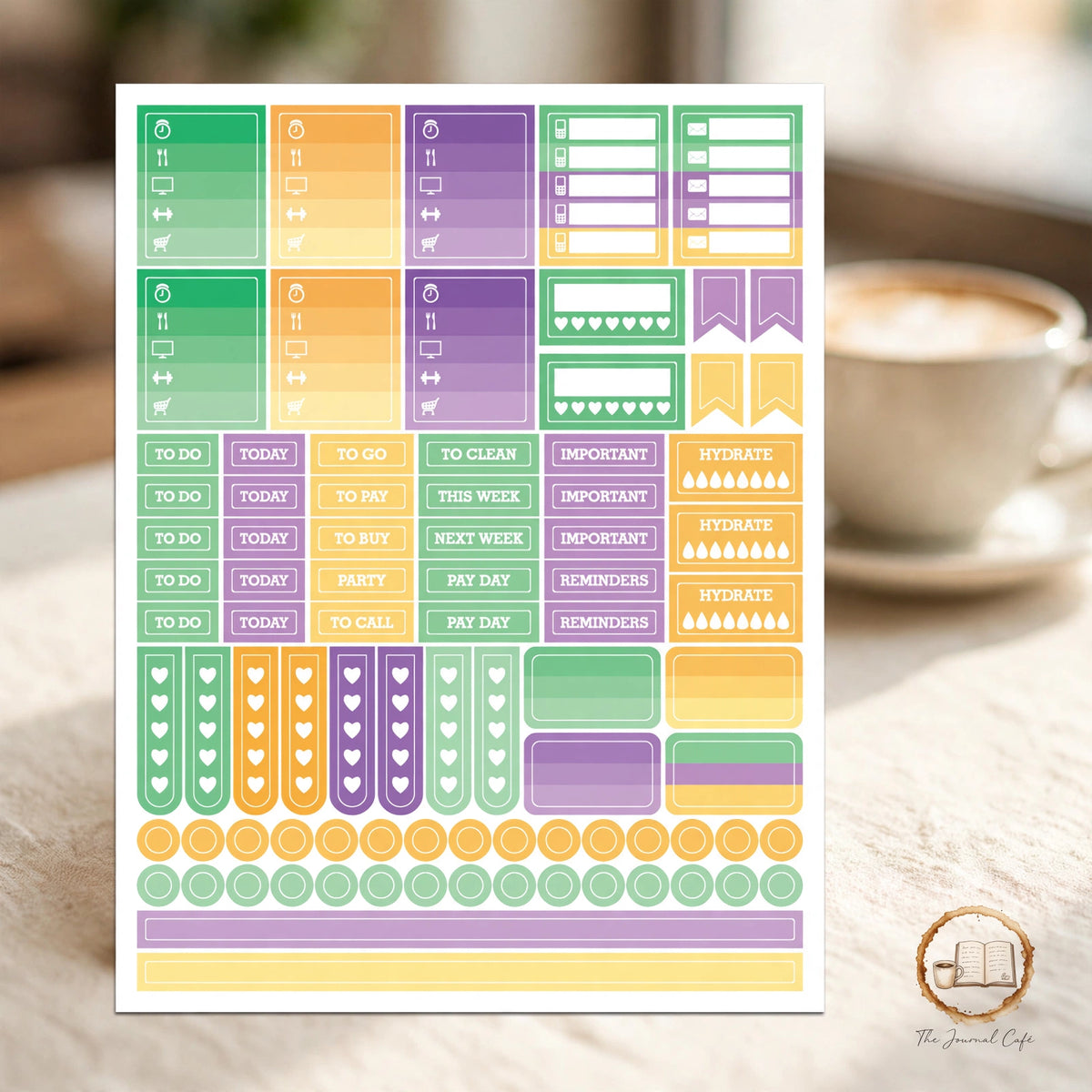New Year calendar plan stickers — product photo 6 styled on a cream café table, The Journal Café