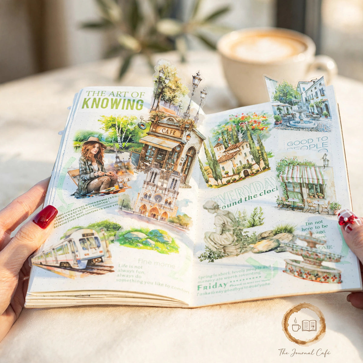 Travel notebook PET tape — product photo 2 styled on a cream café table, The Journal Café