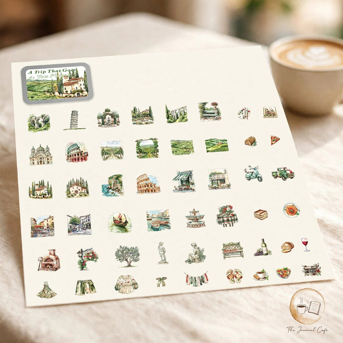Travel notebook PET tape — product photo 12 styled on a cream café table, The Journal Café