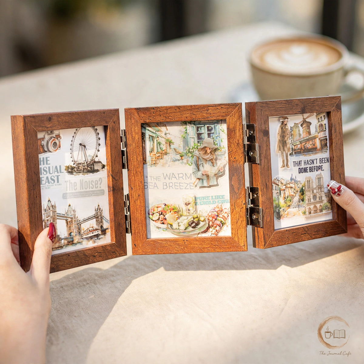 Travel notebook PET tape — product photo 4 styled on a cream café table, The Journal Café