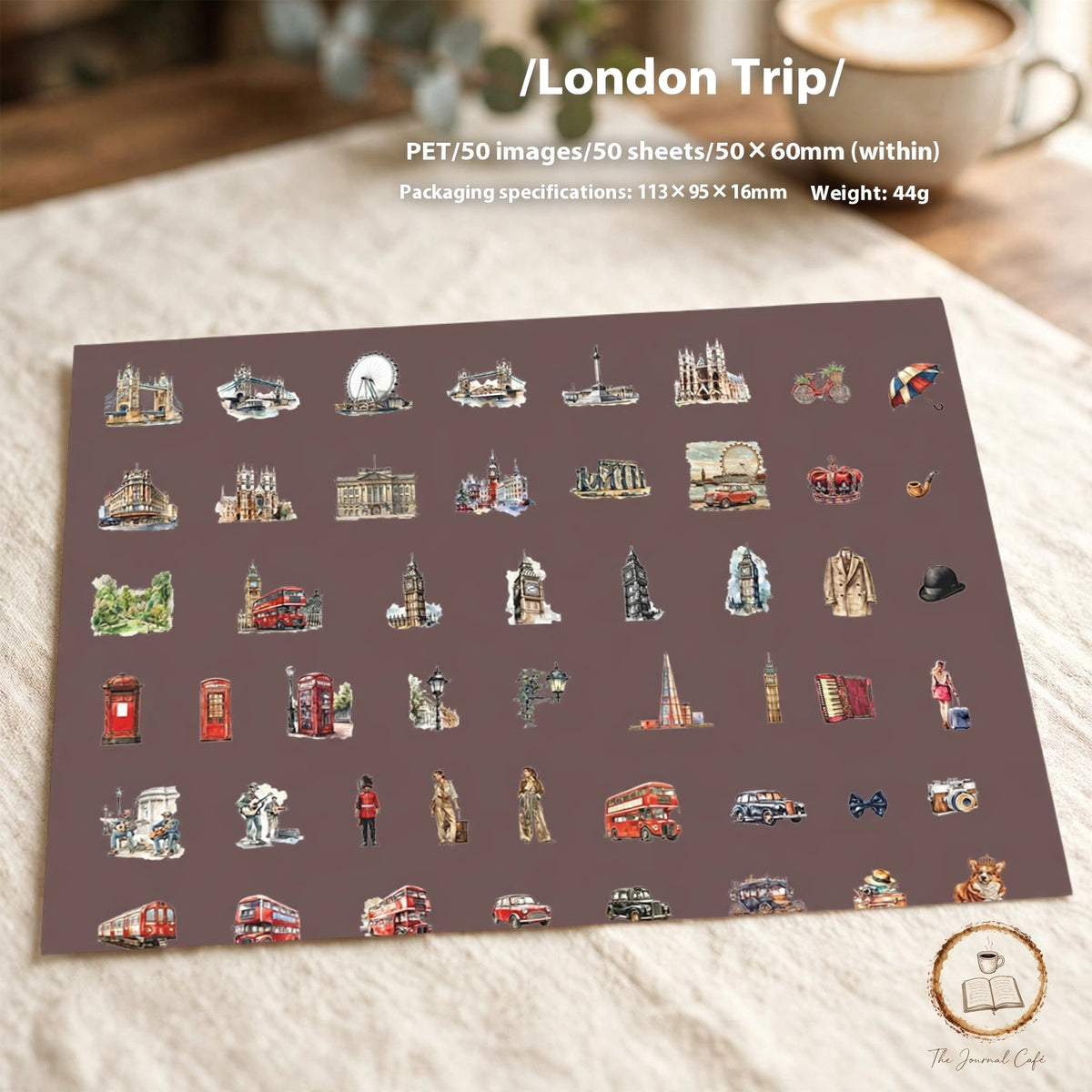 Travel notebook PET tape — product photo 5 styled on a cream café table, The Journal Café