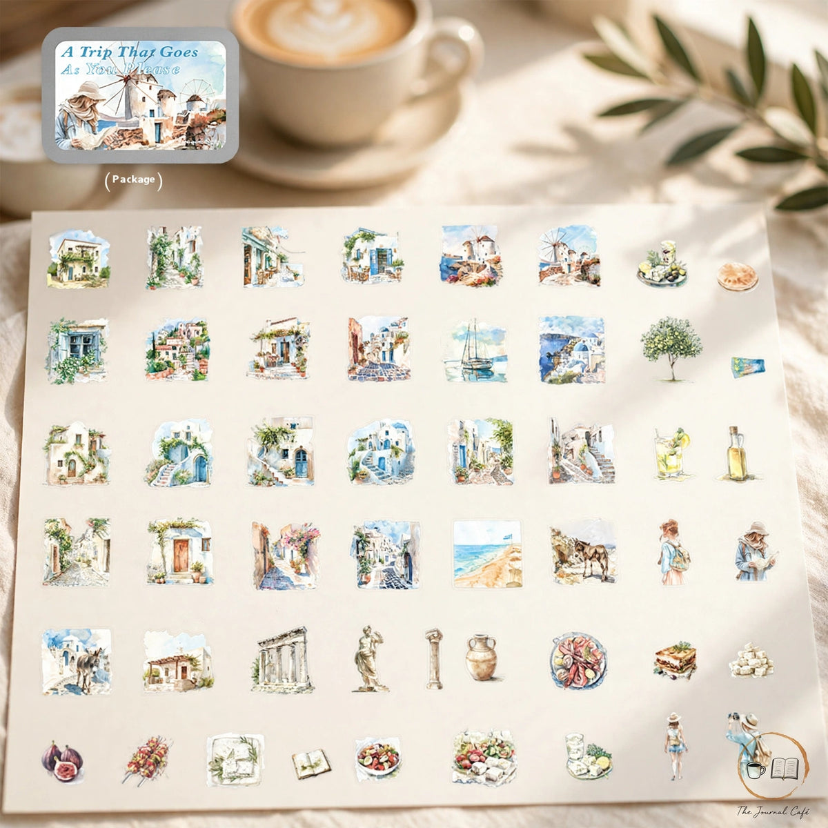 Travel notebook PET tape — product photo 6 styled on a cream café table, The Journal Café