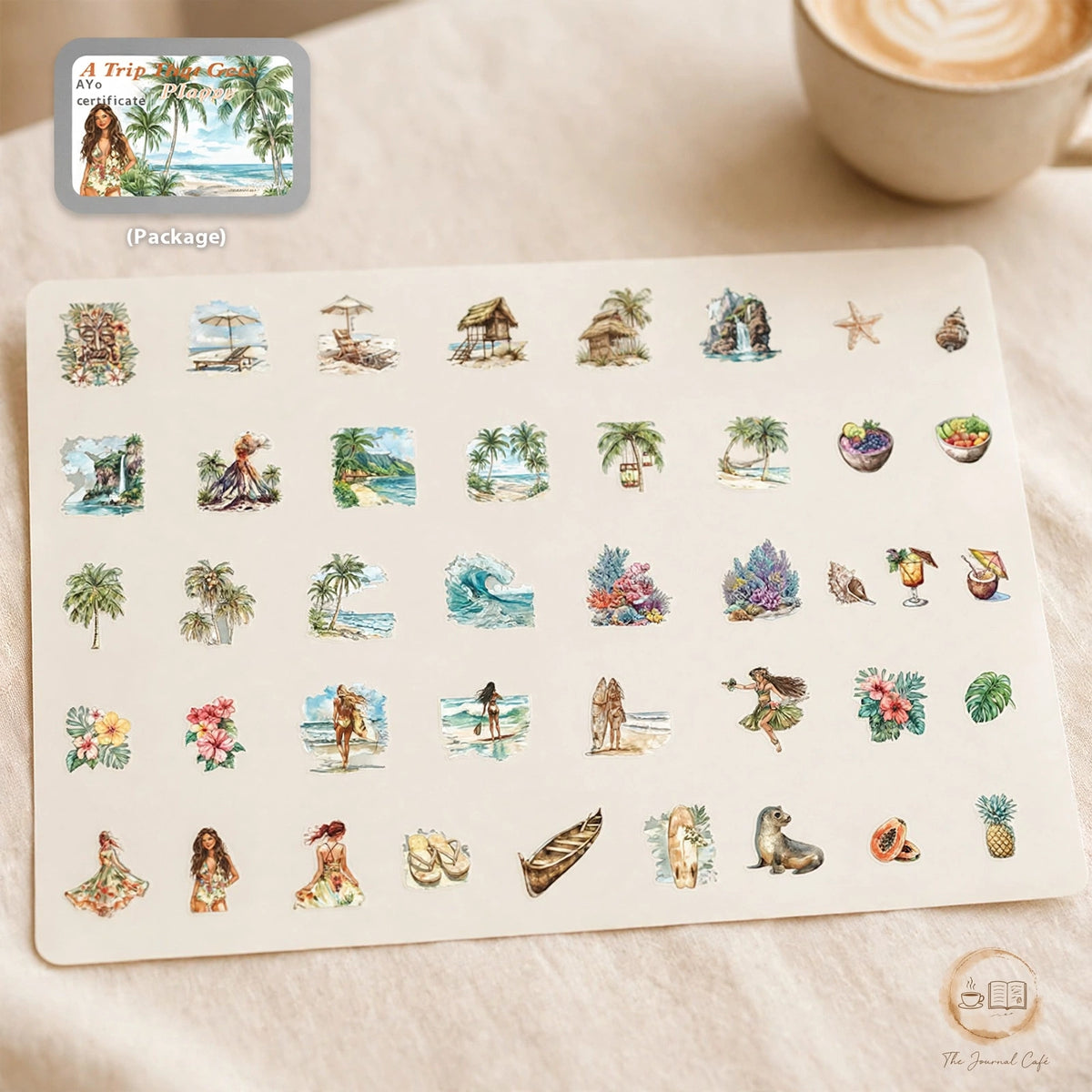 Travel notebook PET tape — product photo 7 styled on a cream café table, The Journal Café