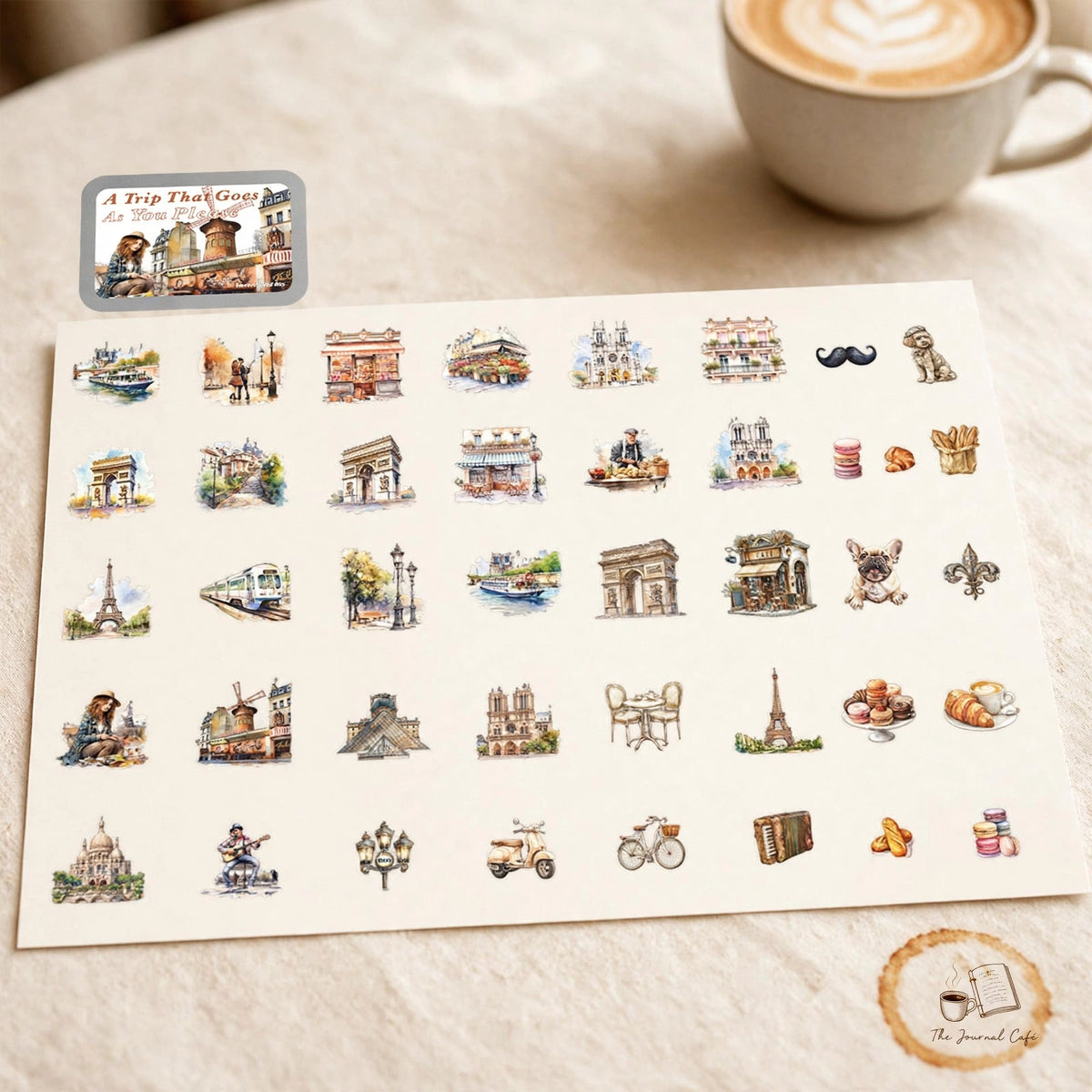 Travel notebook PET tape — product photo 10 styled on a cream café table, The Journal Café