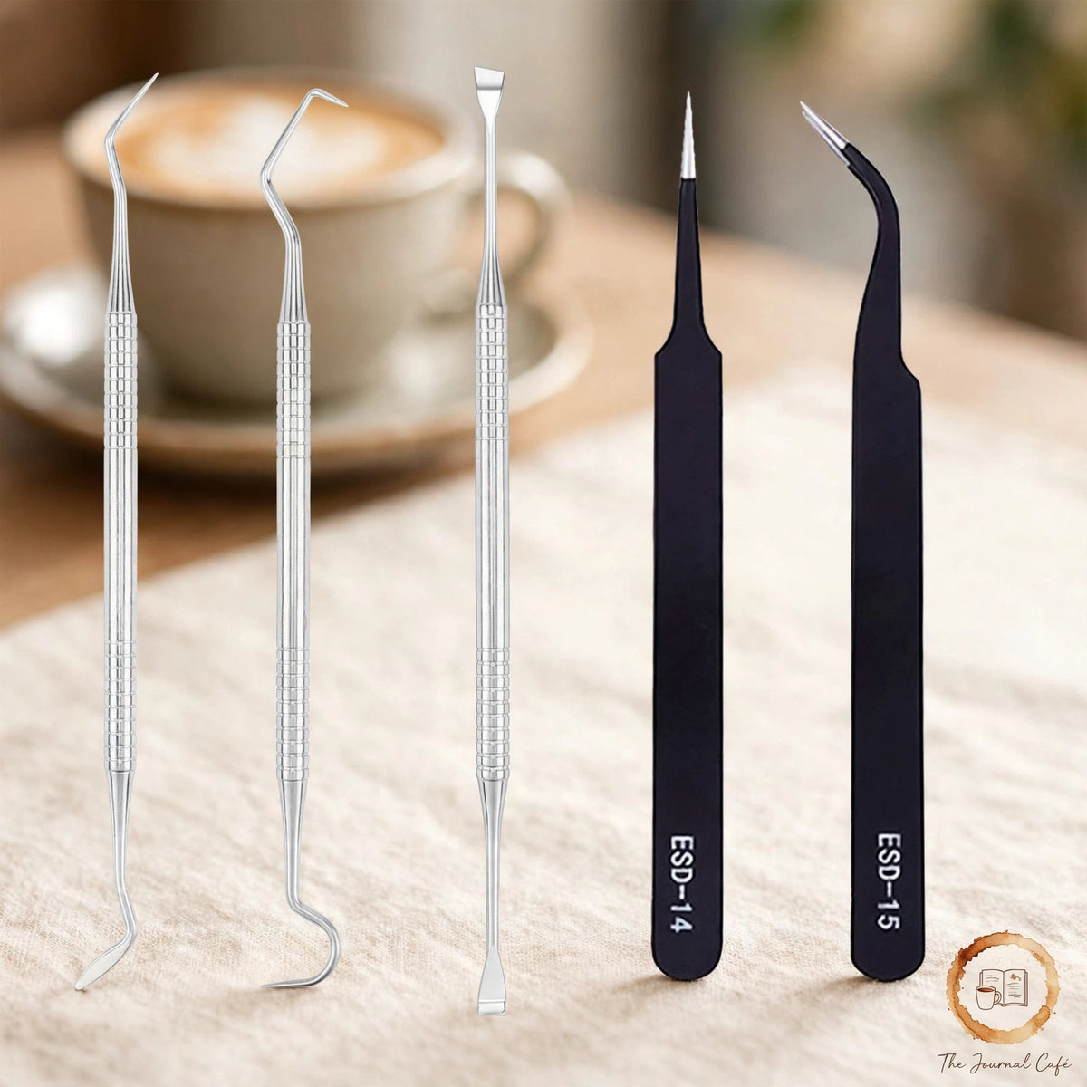 5-piece vinyl sticker tool set — product photo 4 styled on a cream café table, The Journal Café