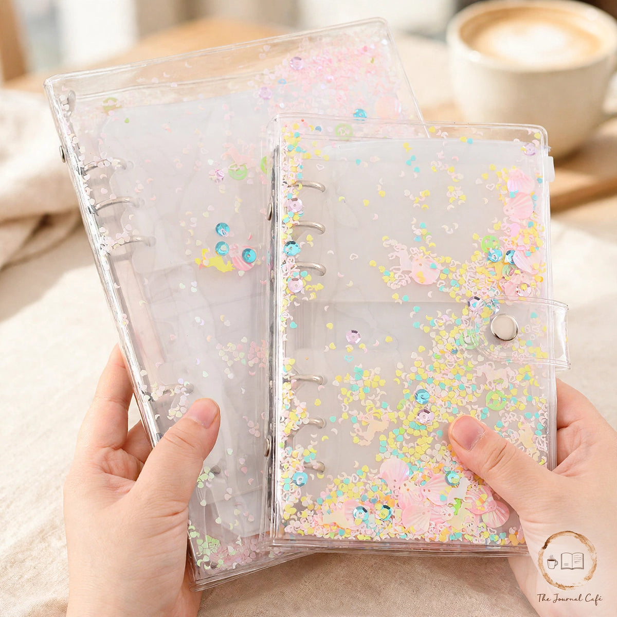 A5 sticker storage book — product photo 2 styled on a cream café table, The Journal Café