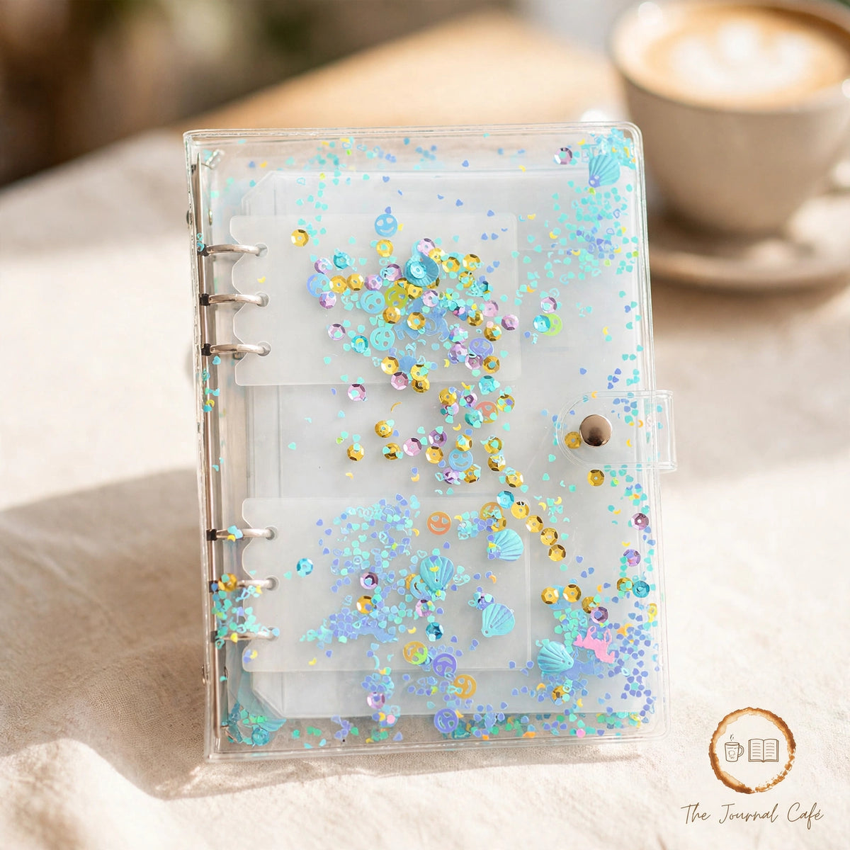 A5 sticker storage book — product photo 5 styled on a cream café table, The Journal Café