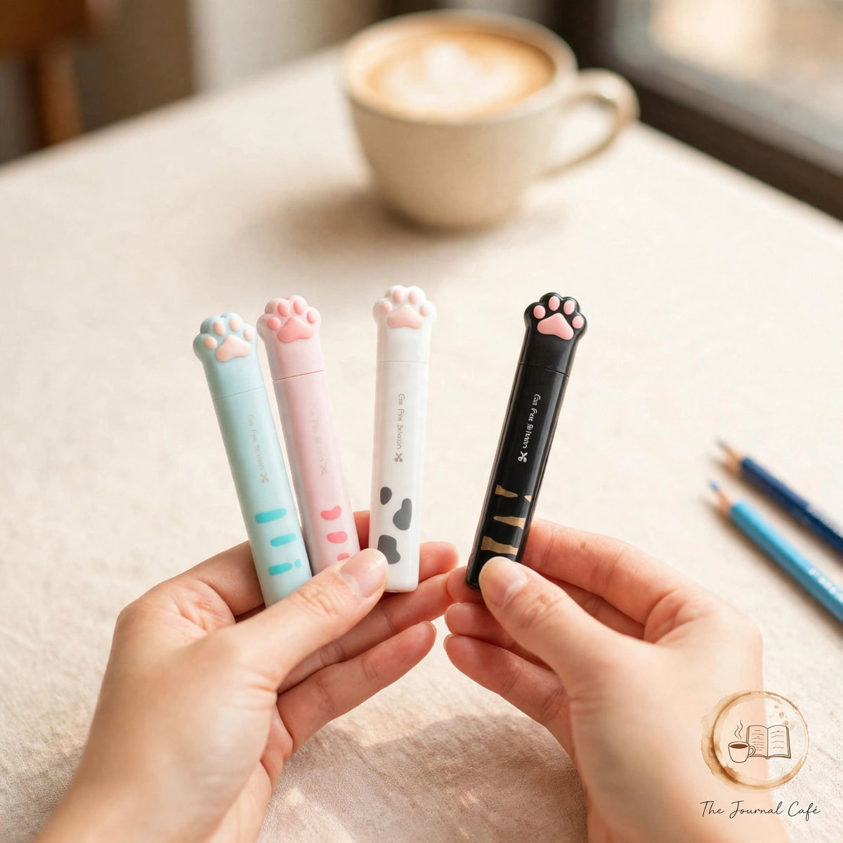 Cat paw mini folding scissors styled on a cream café table, The Journal Café