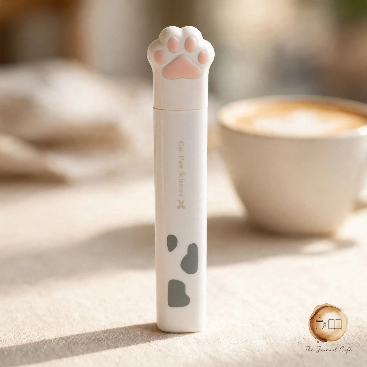 Cat paw mini folding scissors — product photo 11 styled on a cream café table, The Journal Café