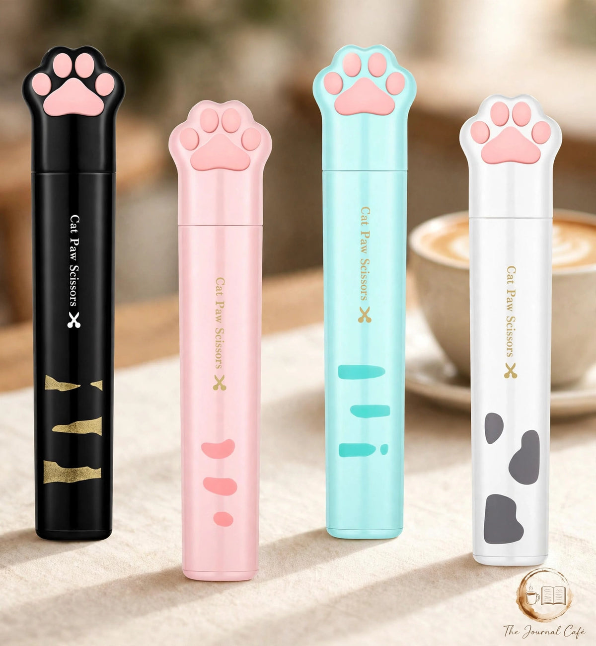Cat paw mini folding scissors — product photo 3 styled on a cream café table, The Journal Café