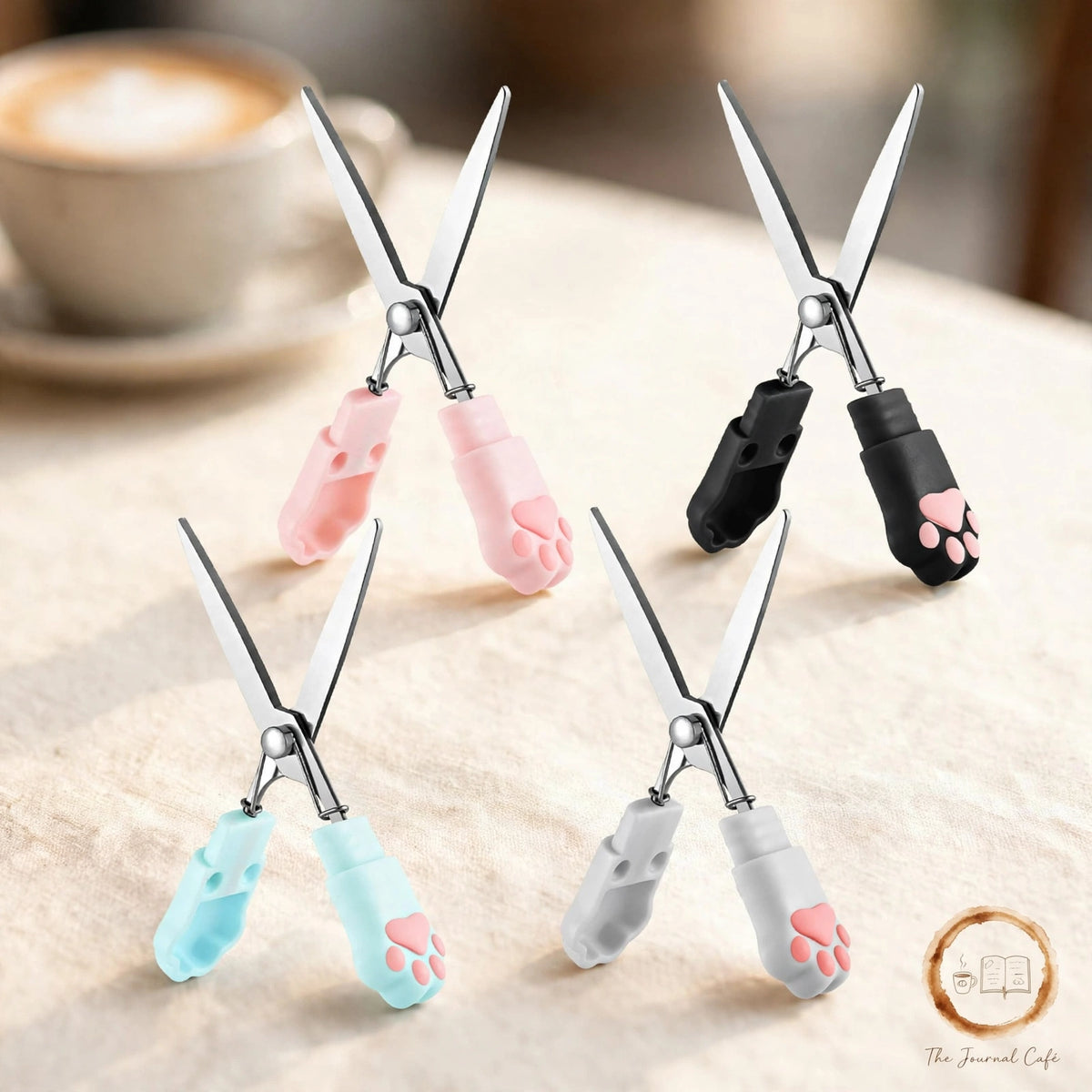 Cat paw mini folding scissors — product photo 4 styled on a cream café table, The Journal Café