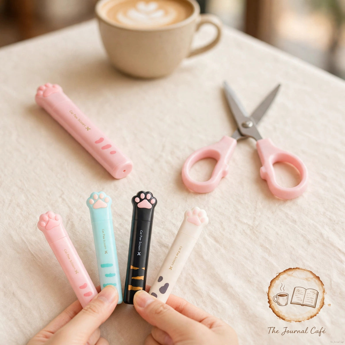 Cat paw mini folding scissors — product photo 7 styled on a cream café table, The Journal Café