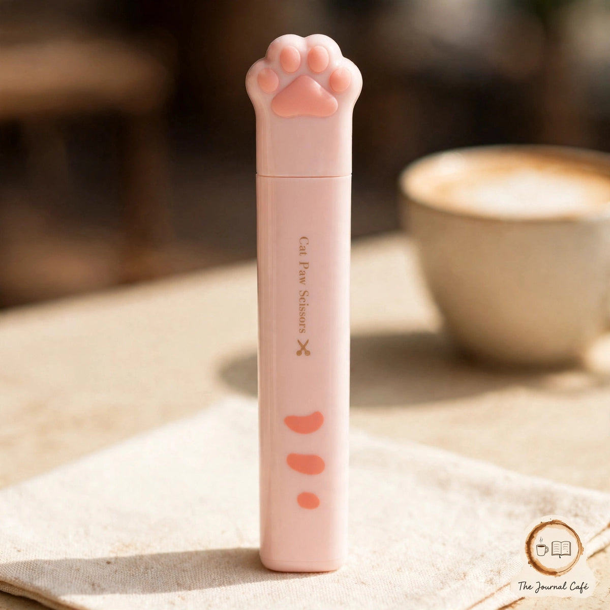 Cat paw mini folding scissors — product photo 9 styled on a cream café table, The Journal Café