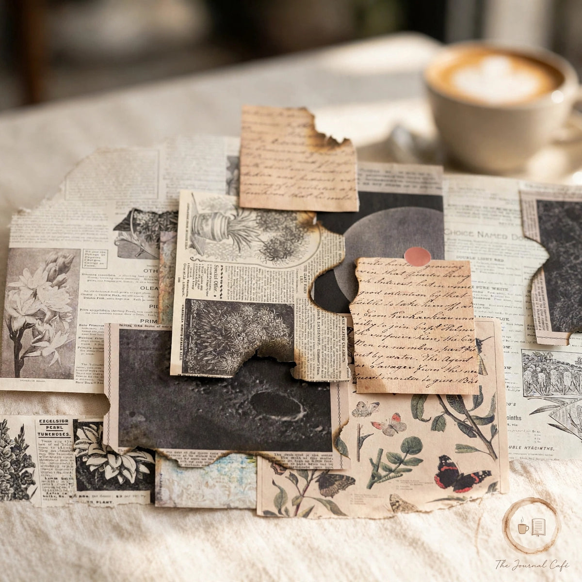 Vintage newspaper collage paper pack styled on a cream café table, The Journal Café