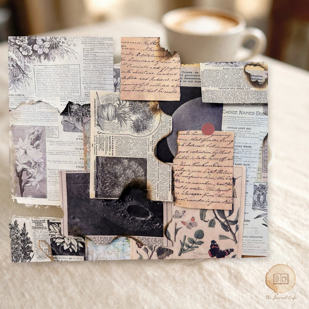 Vintage newspaper collage paper — product photo 2 styled on a cream café table, The Journal Café