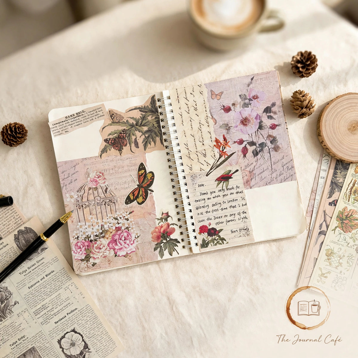 Vintage newspaper collage paper — product photo 3 styled on a cream café table, The Journal Café