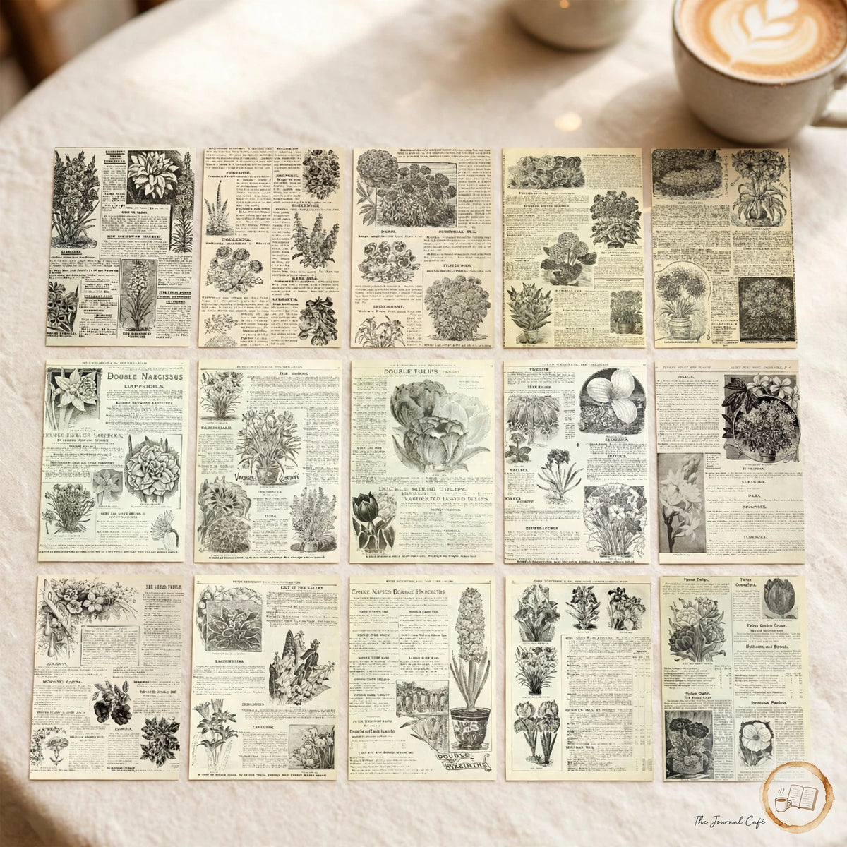 Vintage newspaper collage paper — product photo 4 styled on a cream café table, The Journal Café