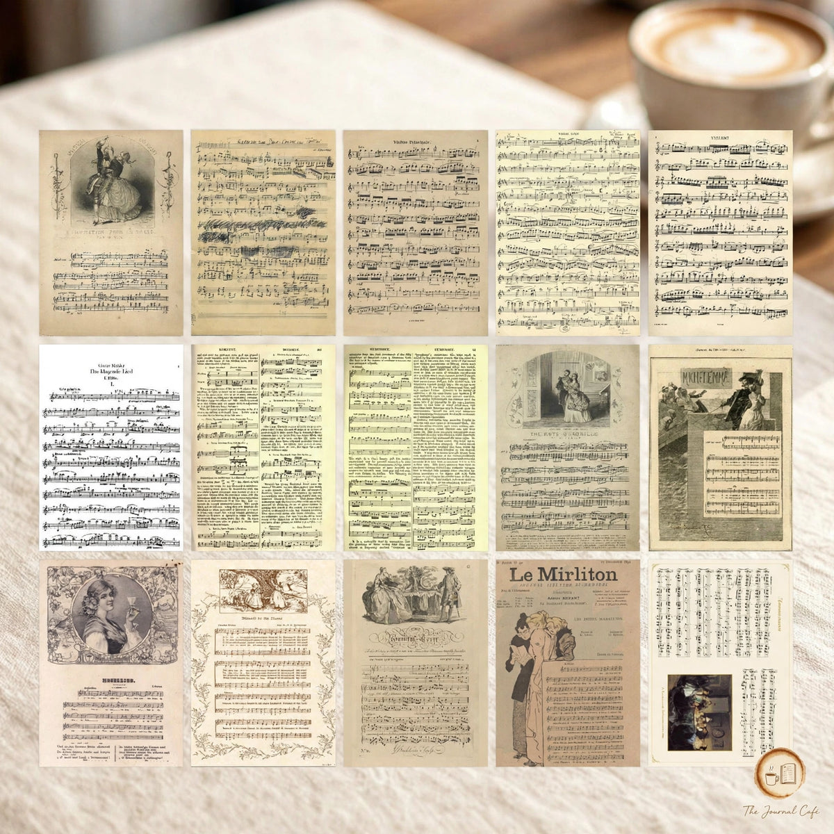 Vintage newspaper collage paper — product photo 5 styled on a cream café table, The Journal Café
