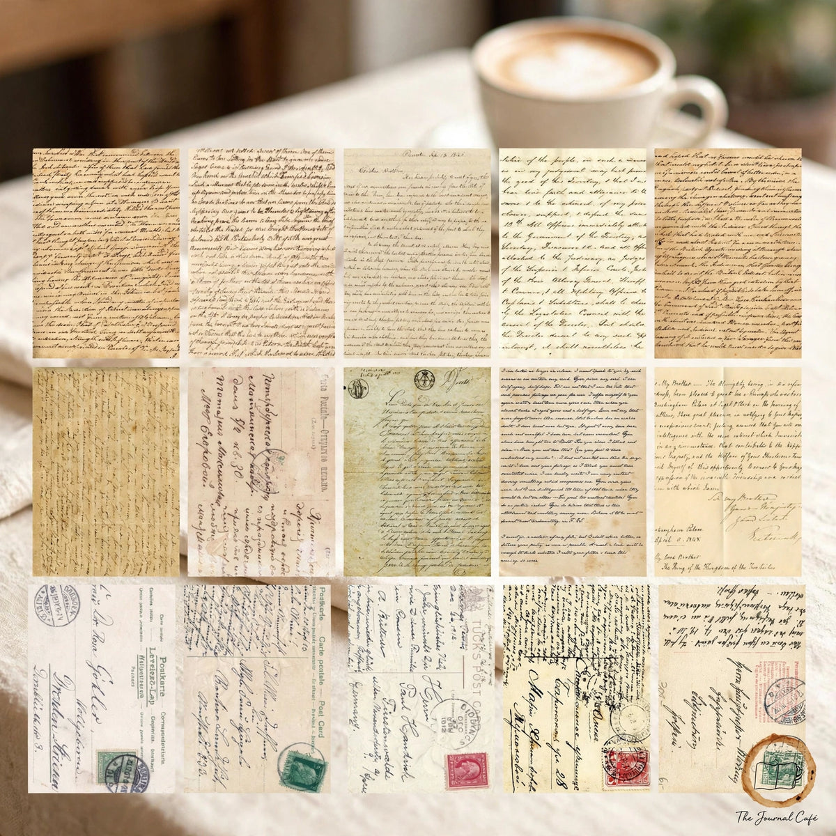 Vintage newspaper collage paper — product photo 6 styled on a cream café table, The Journal Café