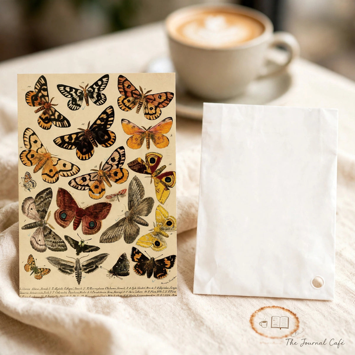 Vintage newspaper collage paper — product photo 7 styled on a cream café table, The Journal Café