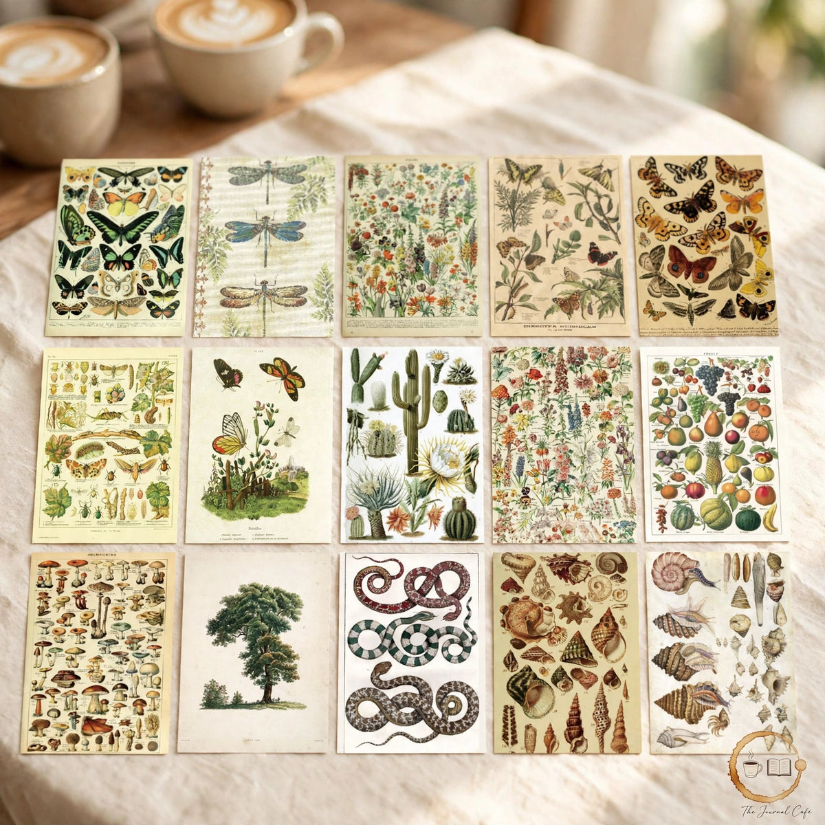 Vintage newspaper collage paper — product photo 8 styled on a cream café table, The Journal Café