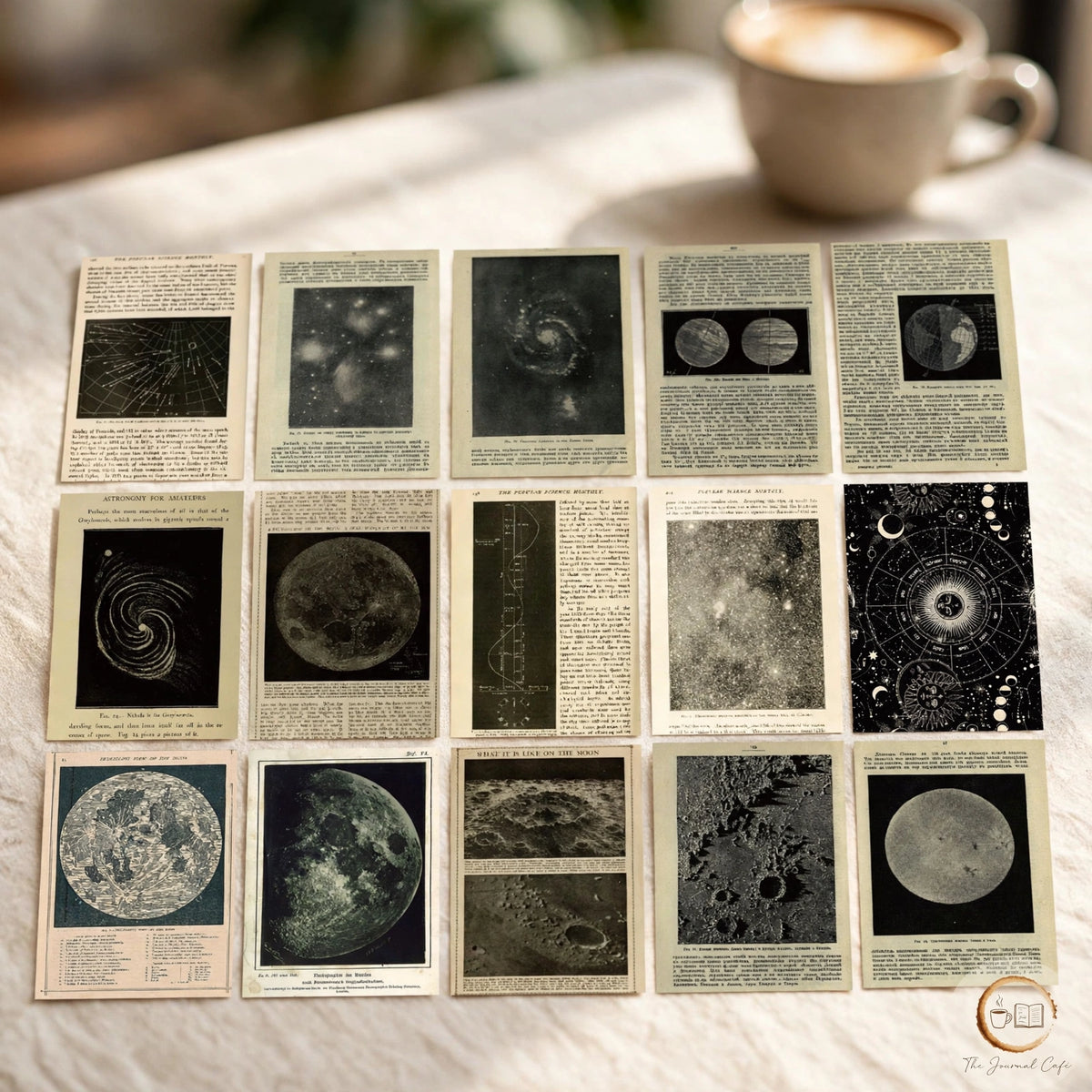 Vintage newspaper collage paper — product photo 9 styled on a cream café table, The Journal Café