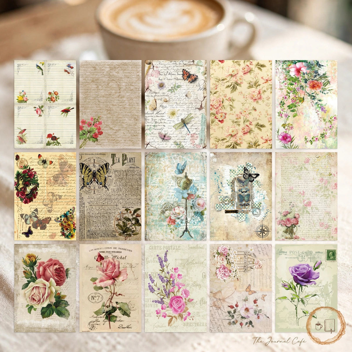 Vintage newspaper collage paper — product photo 10 styled on a cream café table, The Journal Café