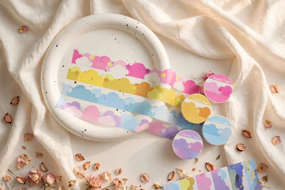 Clouds washi tape rolls with gradient sky patterns styled on ivory silk