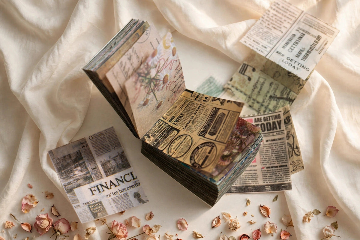 365 vintage ephemera paper sheets book with retro newspaper designs styled on ivory silk