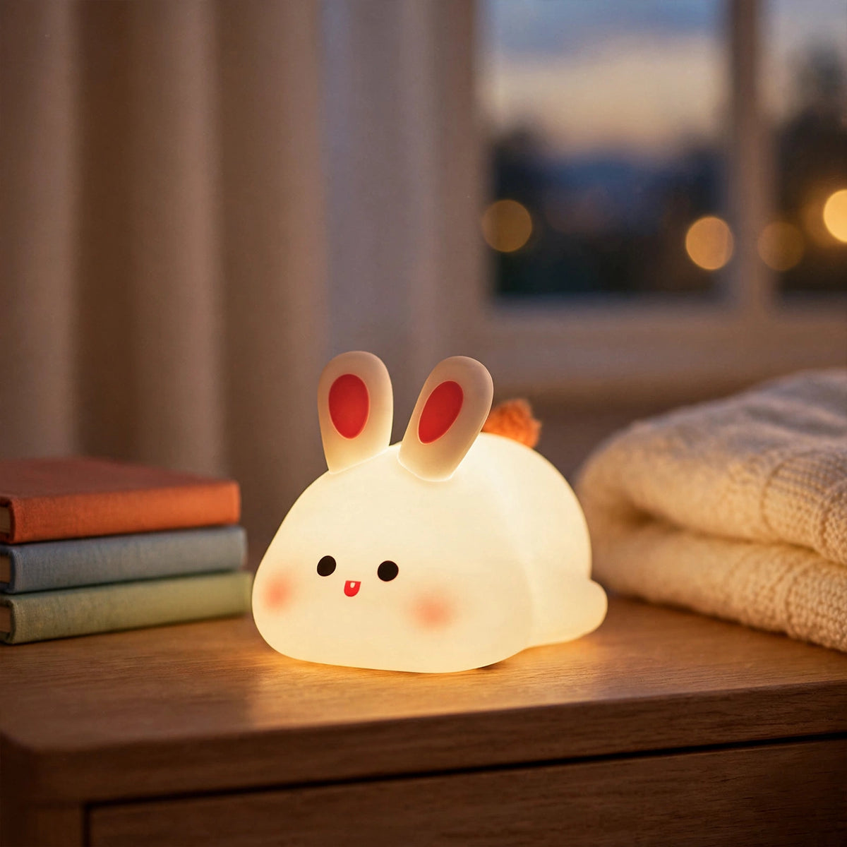Squishy Bunny Night Light glowing on a bedside table next to storybooks