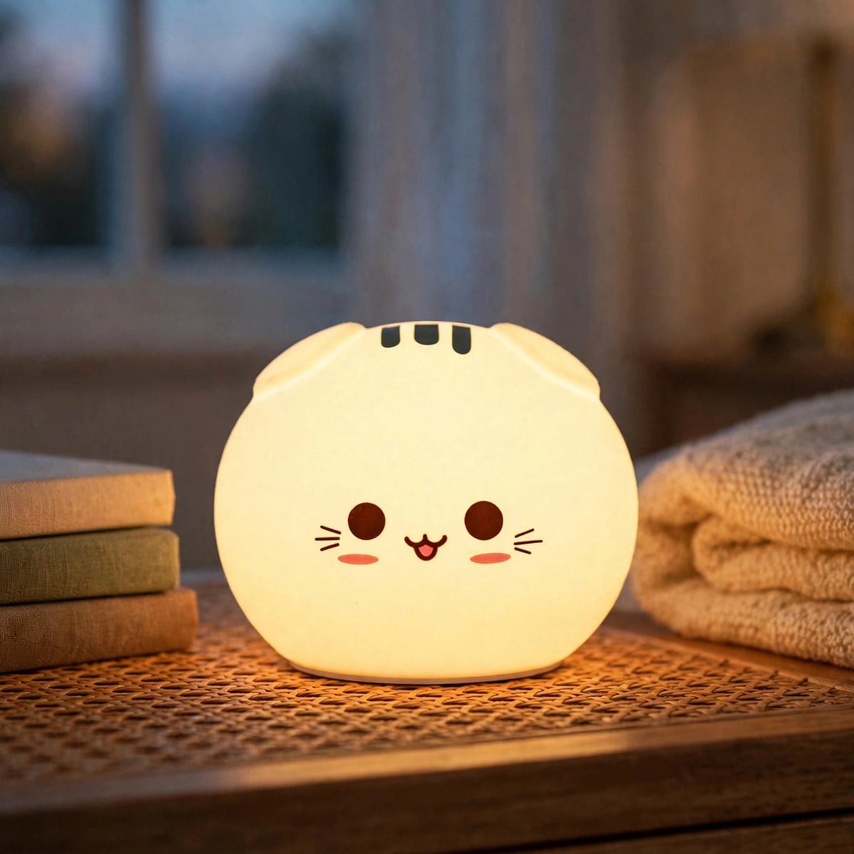 Squishy Cat Night Light glowing on a bedside table next to storybooks