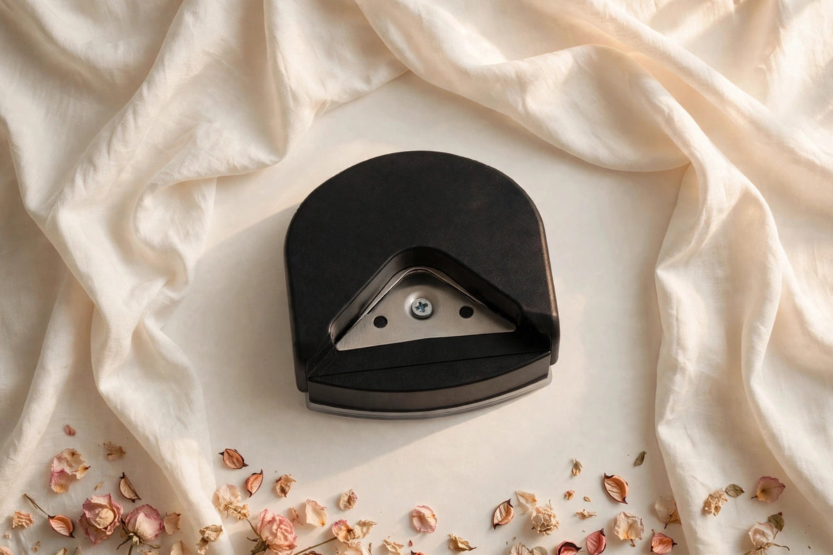 Black corner cutter punch tool on ivory silk background