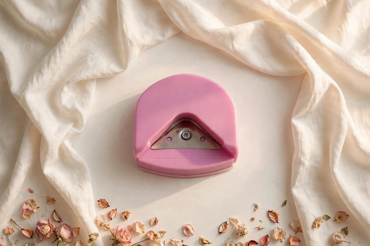 Pink corner cutter punch tool on ivory silk background