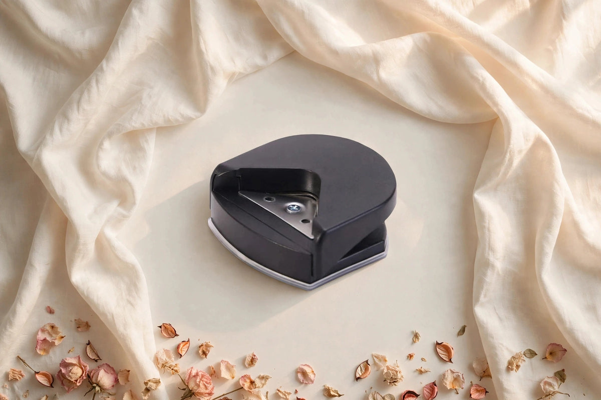 Black corner cutter punch tool on ivory silk background