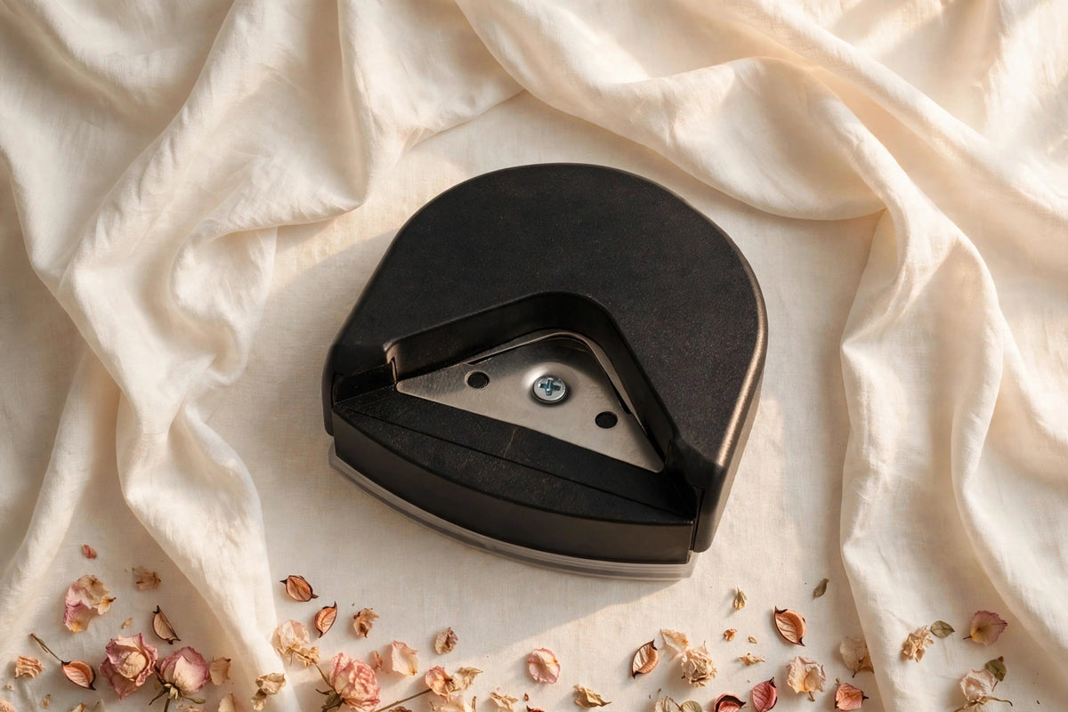 Corner cutter punch blade close-up on ivory silk background