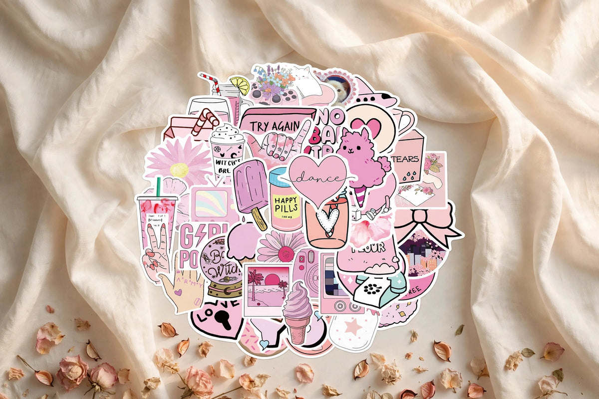 Pink girl graffiti stickers, pack of 50, on ivory silk