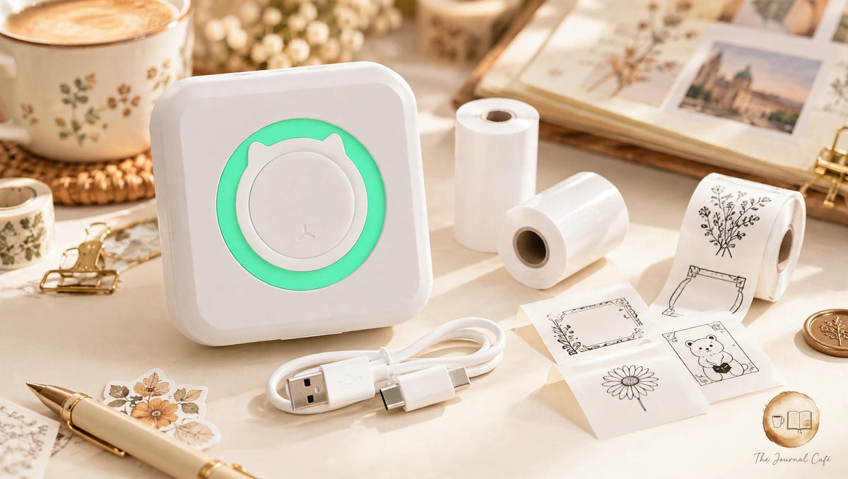 Pocket Wireless Thermal Printer — compact white mini printer with paper rolls styled on a cream café table, The Journal Café
