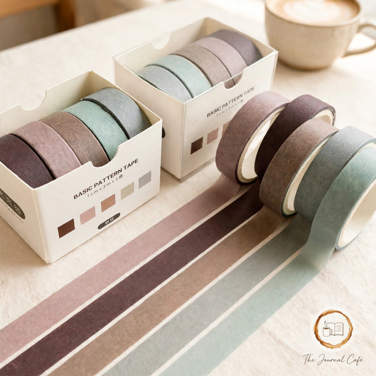 Pastel Washi Tape Set — soft pastel rolls styled on a cream café table, The Journal Café