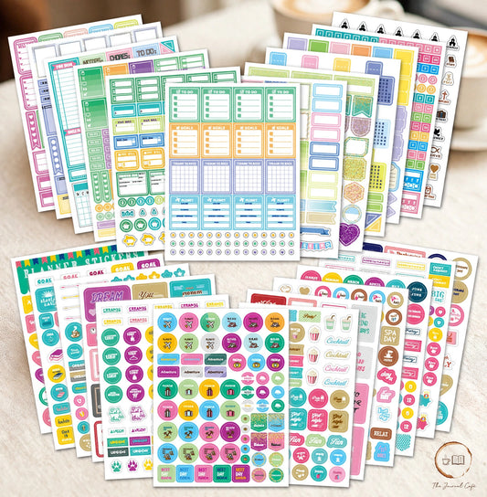 Seasonal monthly planner stickers — colorful 12-sheet sticker pack spread styled on a cream café table, The Journal Café