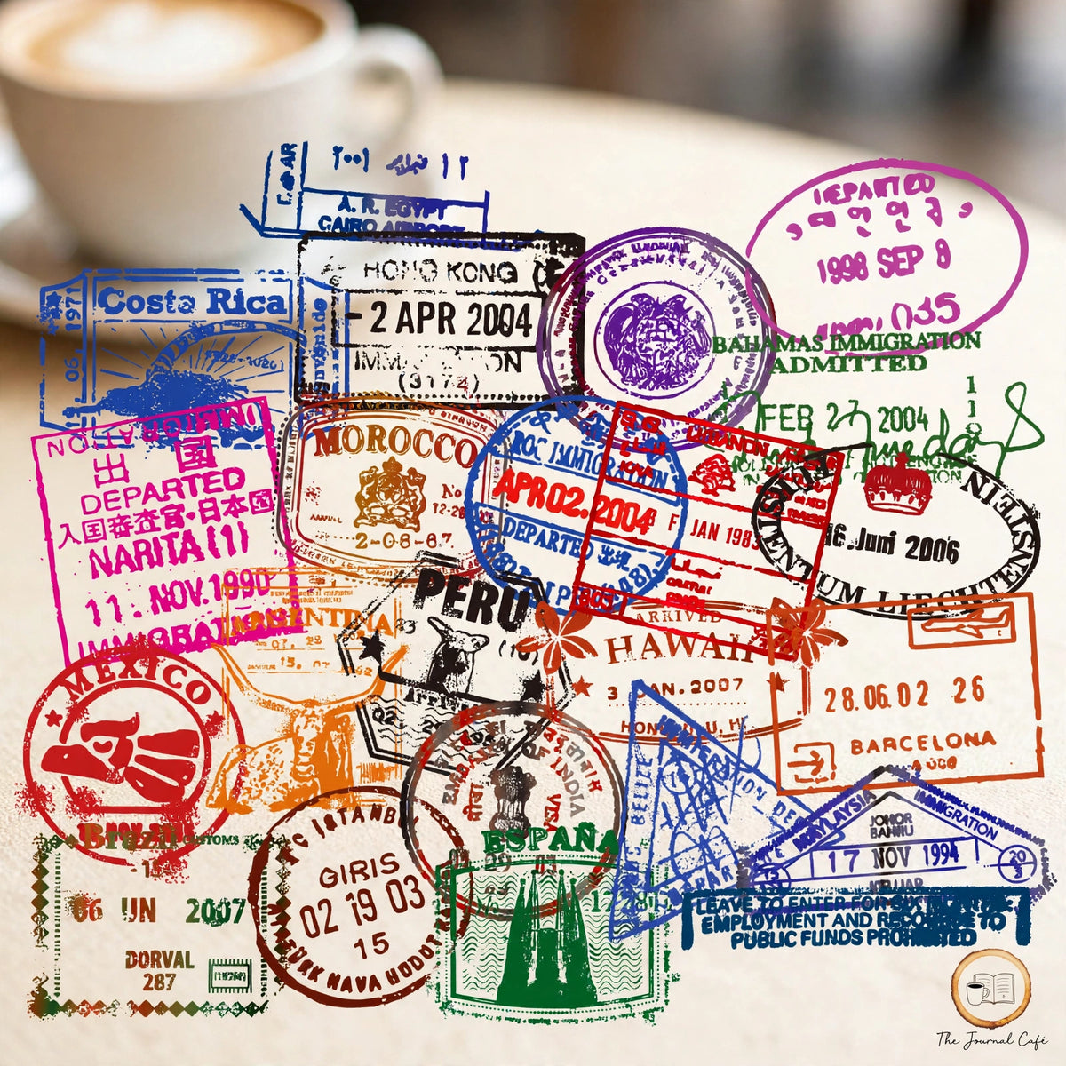 Vintage Postmark Sticker Set — 50 transparent travel postmark stickers styled on a cream café table, The Journal Café