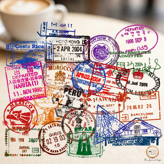 Vintage Postmark Sticker Set — 50 transparent travel postmark stickers styled on a cream café table, The Journal Café