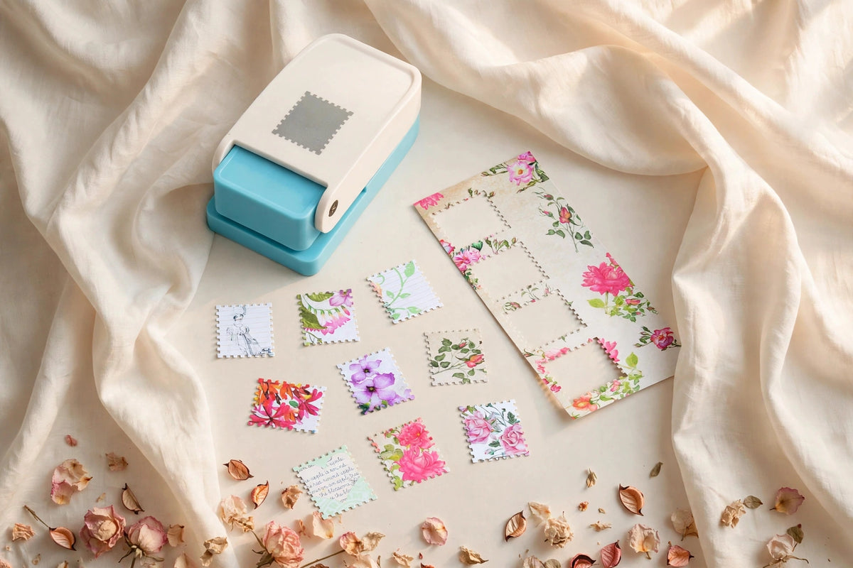Postage stamp craft punch with punched floral stamp cutouts on ivory silk background