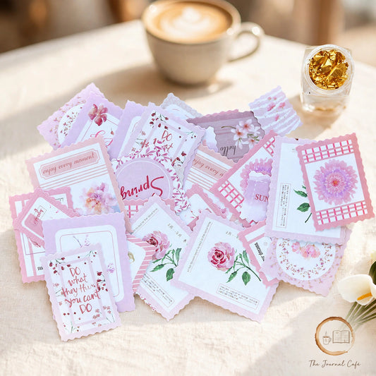 Vintage Stamp Sealing Sticker Pack — paper stamp-impression envelope sealing stickers styled on a cream café table, The Journal Café