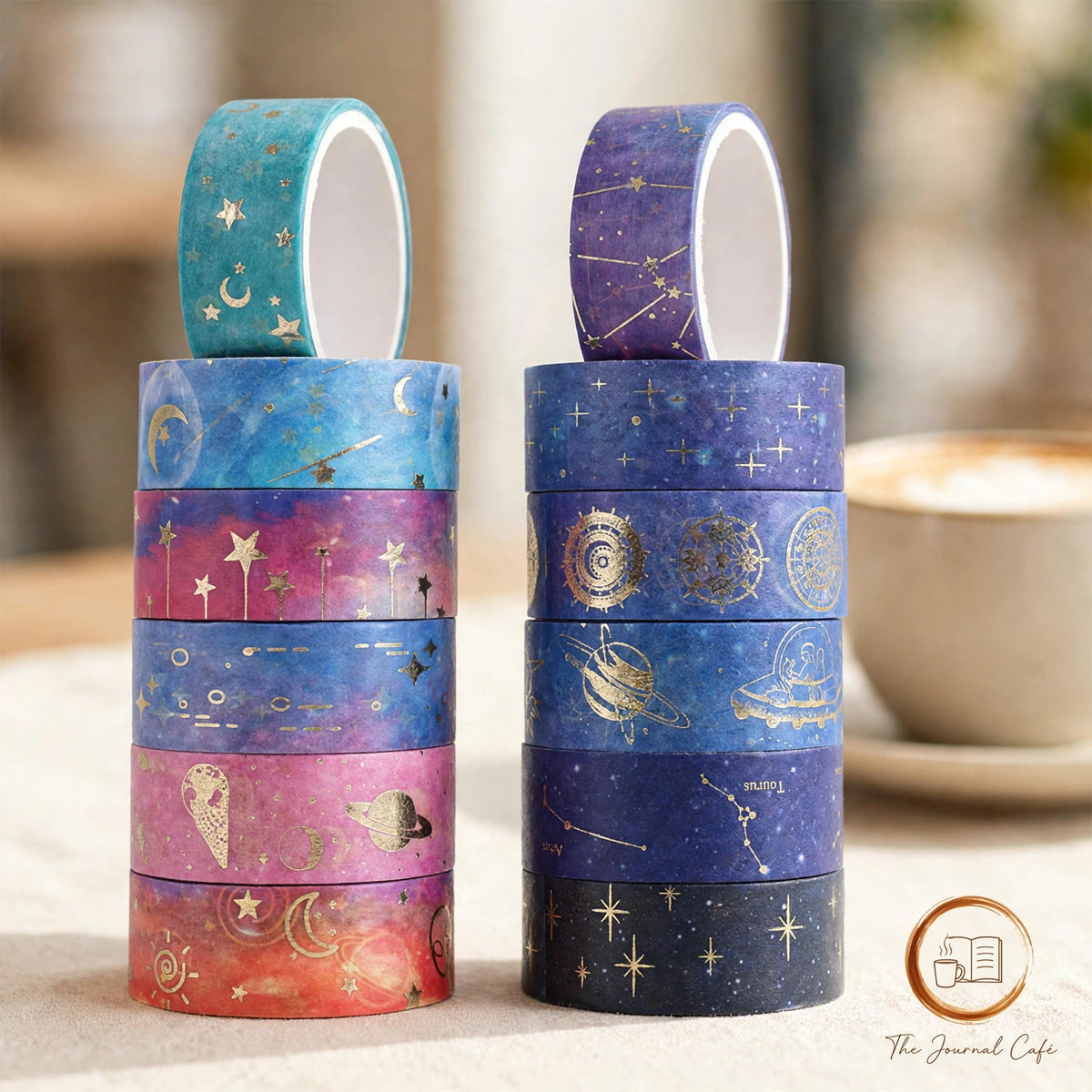 Starry Night Foil Washi Tape — gold foil night-sky washi rolls styled on a cream café table, The Journal Café