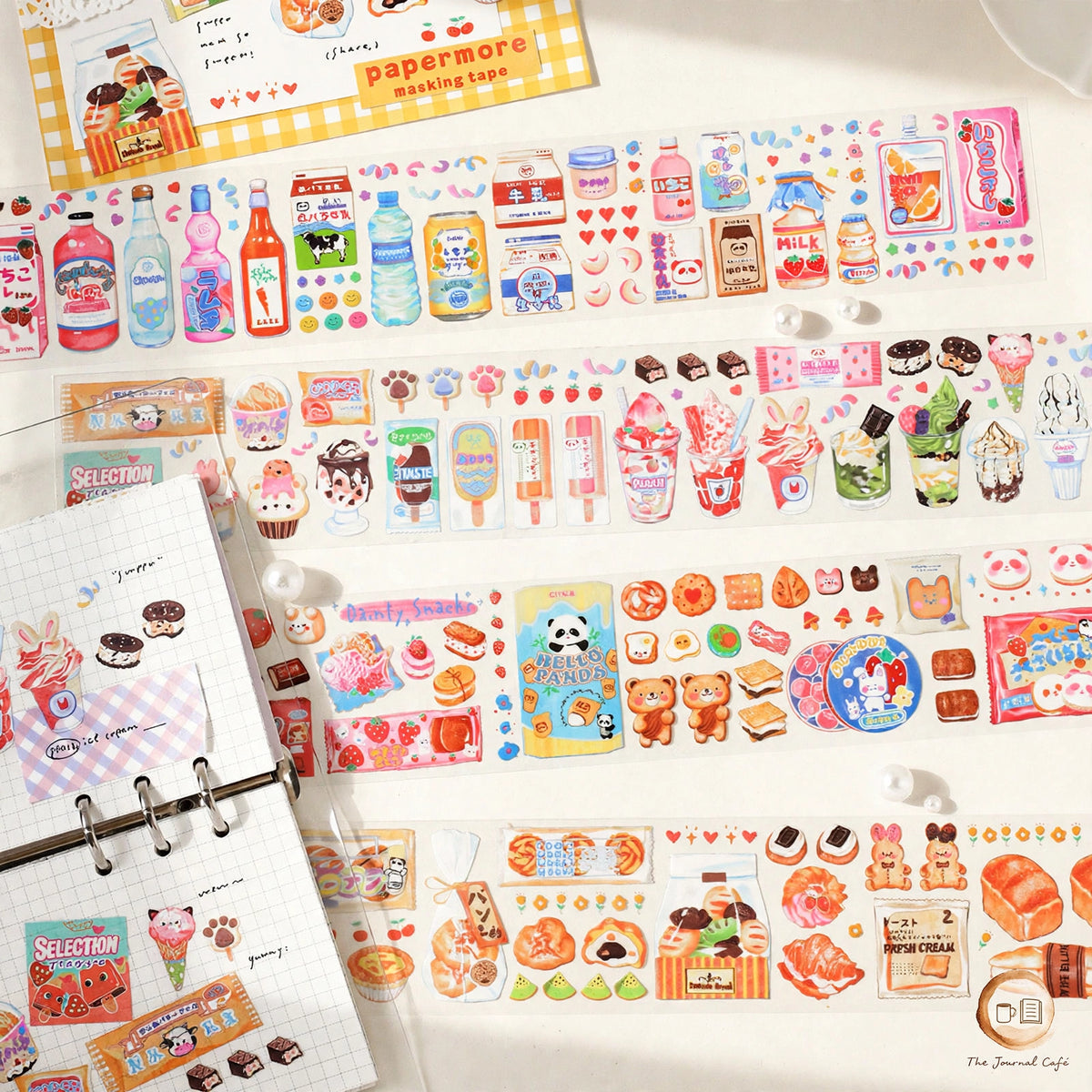 Sweet Store PET tape — wide glossy tape with cute bakery designs styled on a cream café table, The Journal Café
