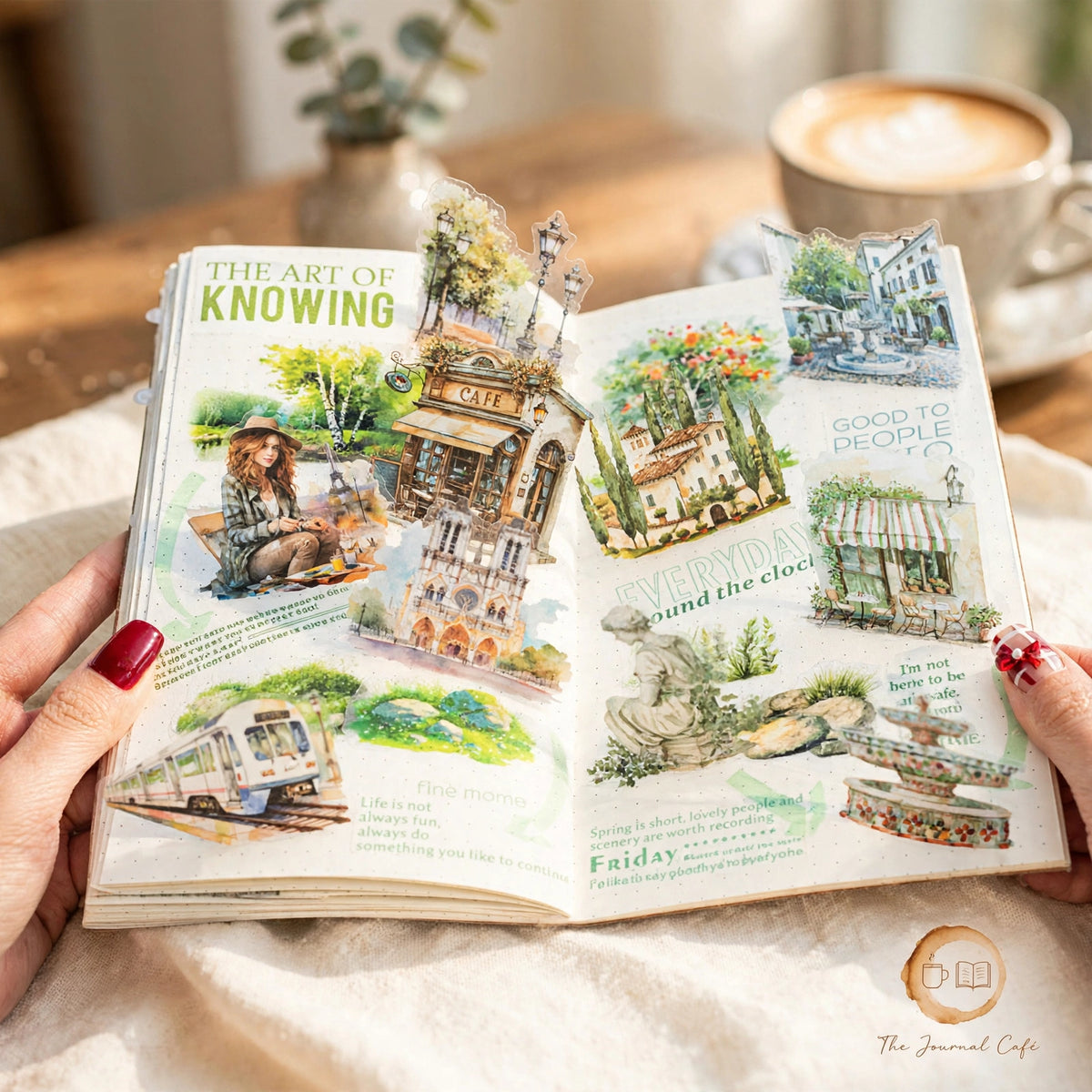 Travel notebook PET stickers — clear city landmark designs styled on a cream café table, The Journal Café