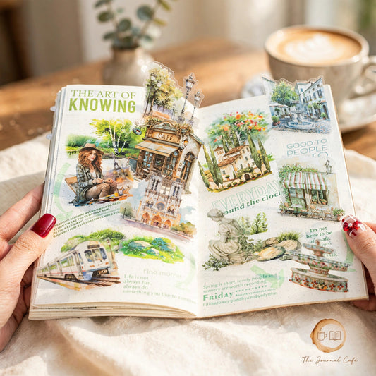 Travel notebook PET stickers — clear city landmark designs styled on a cream café table, The Journal Café