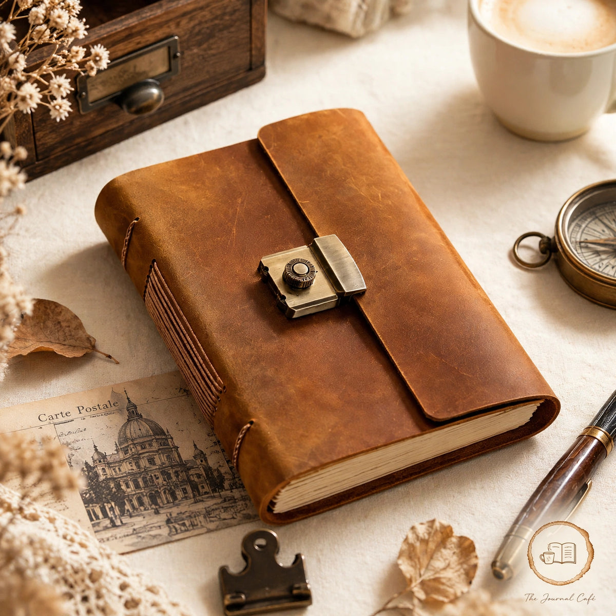 Vintage Notebook — vintage-style journal styled on a cream café table, The Journal Café