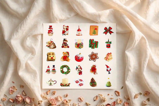 Christmas journal sticker sheet on ivory silk — 50 waterproof stickers